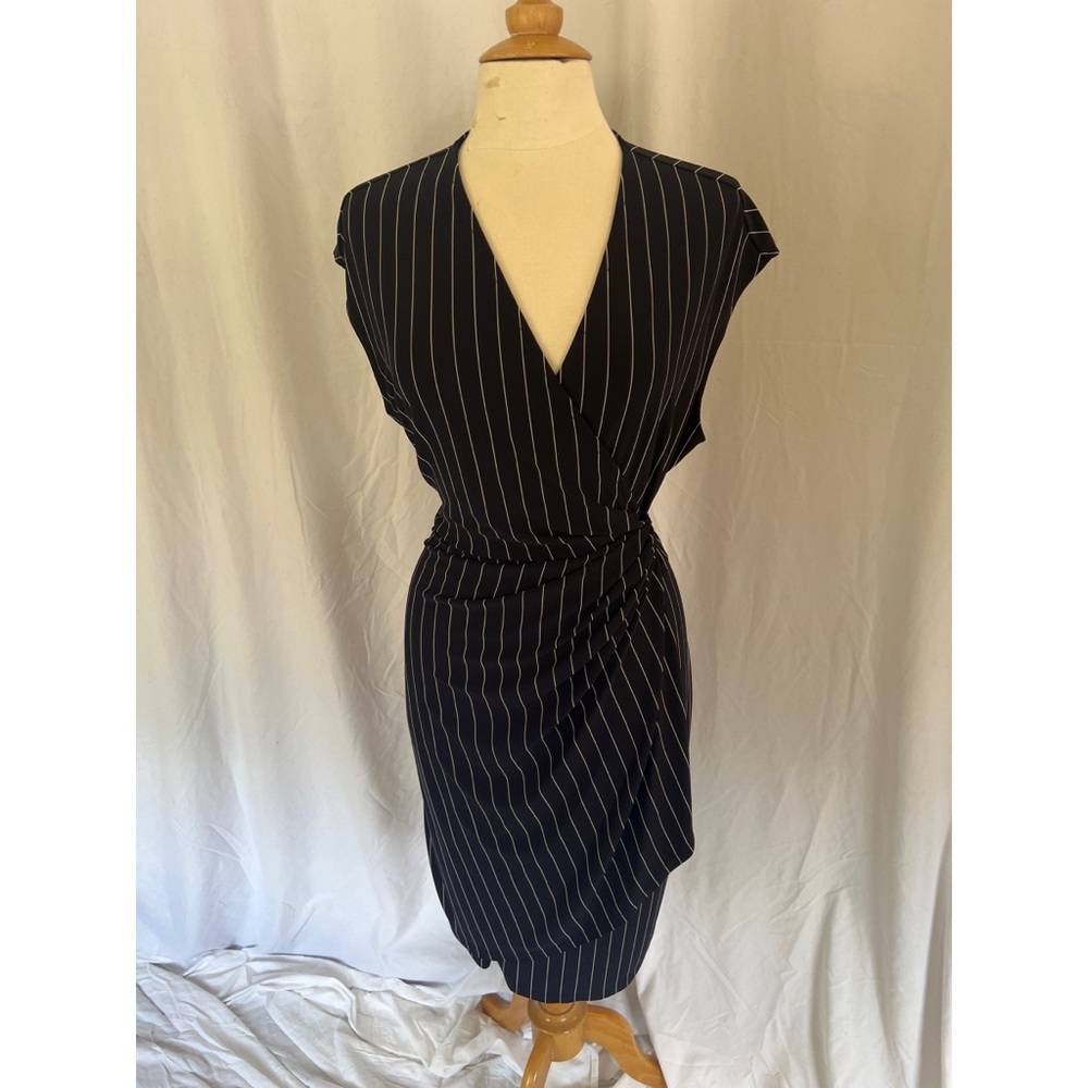 Cap Sleeve Navy and White Pin Strip Wrap Dress
